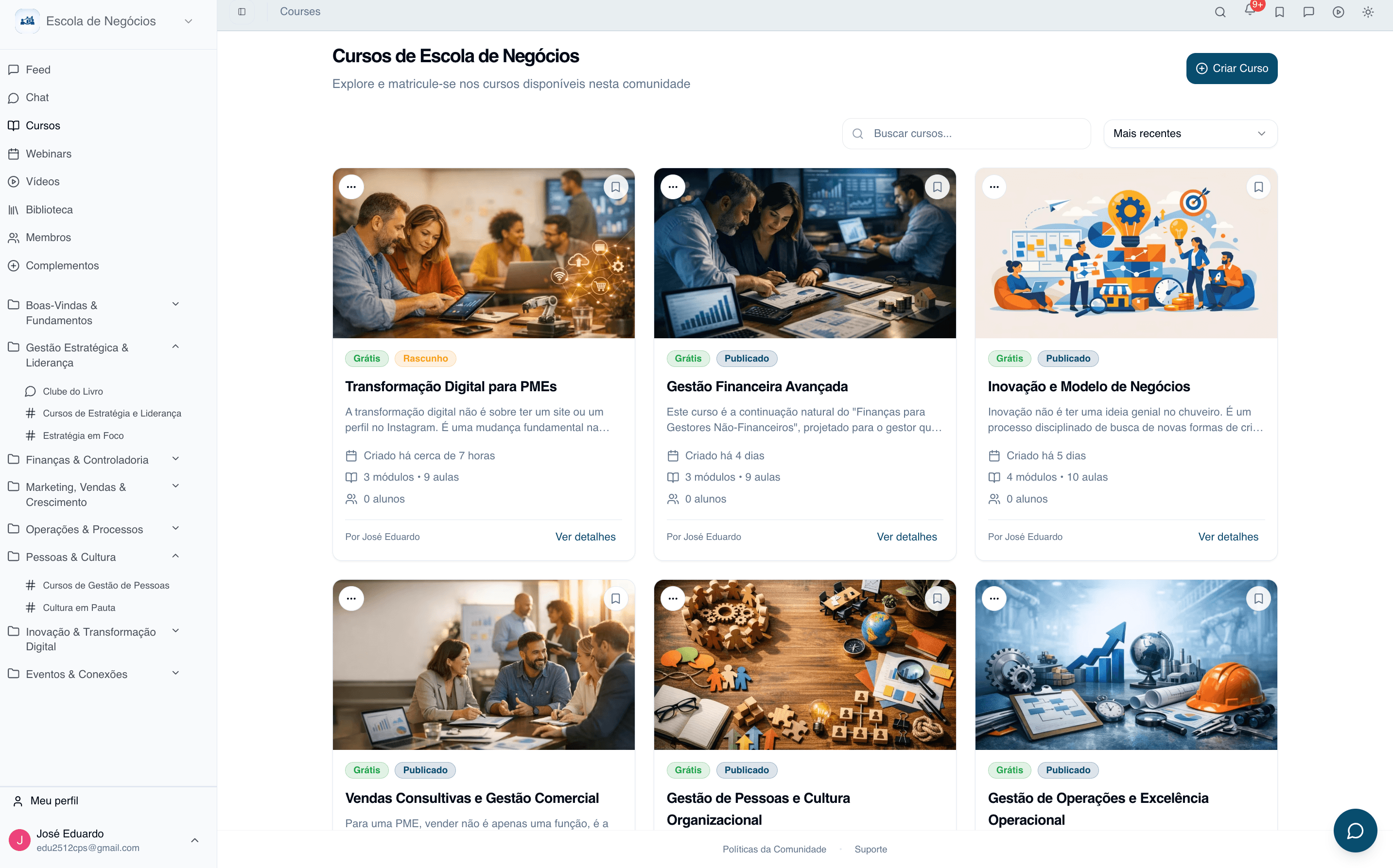 Course grid with modules, lessons, and status badges