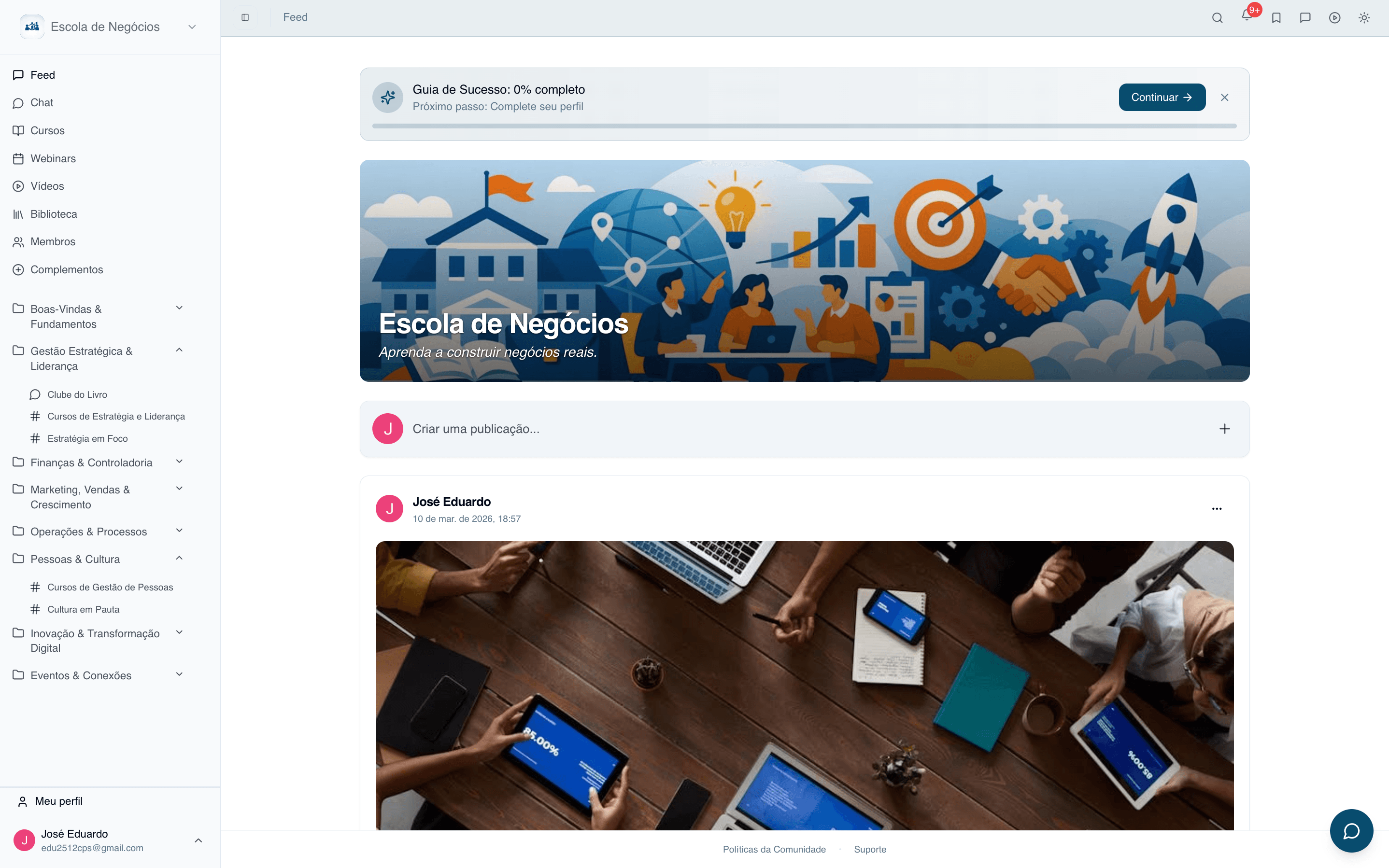 School feed with posts and onboarding